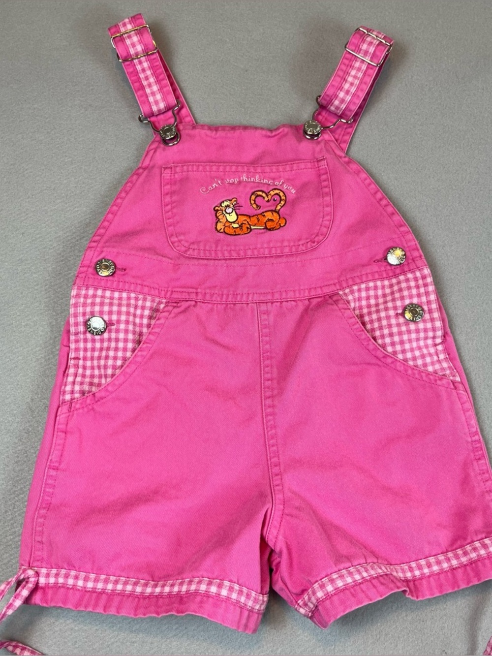 VTG Disney Kids Tigger Overalls 4/5 Pink Gingham Plaid Pooh Y2K Embroidered
